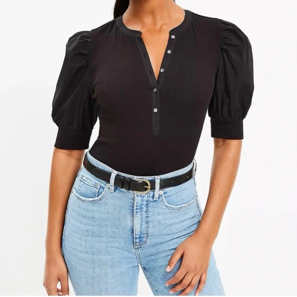 LOFT black puff sleeve ribbed Henley, size M - Picture 1 of 5